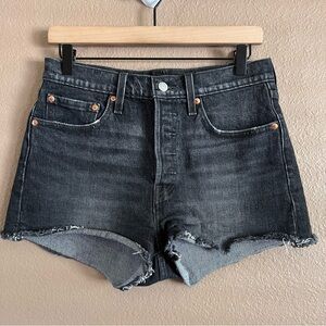 Levi's Premium 501 Button Fly Black Denim Distressed Jean Shorts Size 27